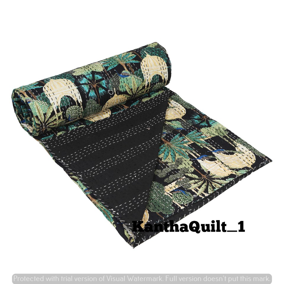 Hand Block Print Indian Kantha Quilt Cotton Bed Cover Throw Blanket