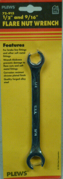NOS! PLEWS 1/2" X 9/16" FLARE NUT WRENCH, No. 72-915, MADE IN USA!