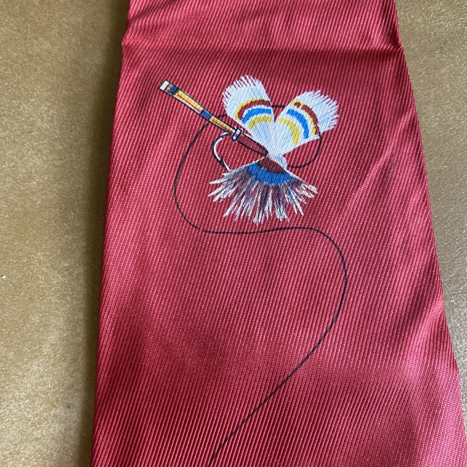 Rainbow Trout And Lure On Red Silk Vintage Cravat Unique Signe Garman Artist - Image 2 of 4