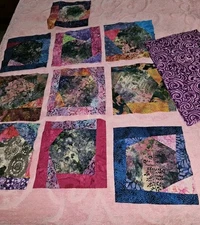 Lot Of 10 Batik Crazy Quilt Blocks 10.5" X 10.5" Plus 1 Yard Batik Fabric
