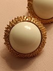 Crown Trifari Earrings Large White Dome Cabochon Stone GoldTone Hob Knob Setting — photo 2