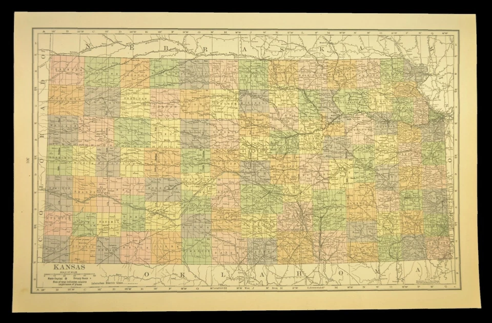 Vintage KANSAS Mapa Ferroviário Arte de Parede Linhas Ferroviárias Elétricas Antigo Original - Imagem 3 de 4