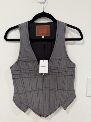NWT Miaou Dolly Corset Vest Top Small Black White Herringbone Zip Front