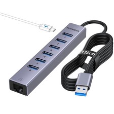 Aluminum USB To Ethernet Adapter 7Port Hub 3.9ft Cable Gigabit 5V/3A Power