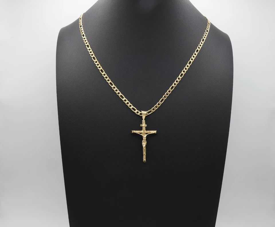 Gold Crucifix Necklace for Men, 14k Heavy Plated Gold, 4mm Figaro Chain - Image 4 of 4