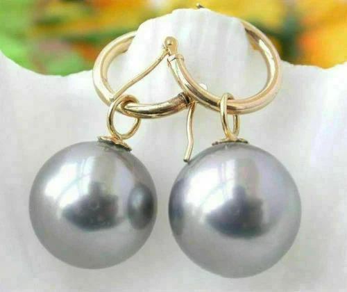 Huge natural AAAA 16 mm south sea Gray shell pearl earrings 14K Yellow gold - Picture 2 of 2