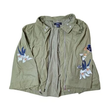 Eric Signature Embroidered Floral Jacket Olive Green Lace Up Back Boho Chic Sz L