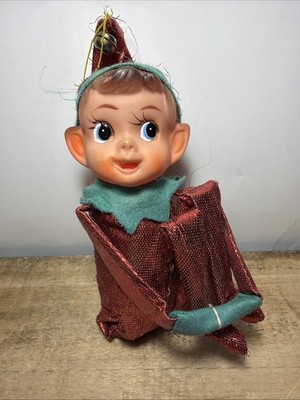 Vintage Knee Hugger Elf Metalic Silver Christmas Ornament Pixie Large 1950's