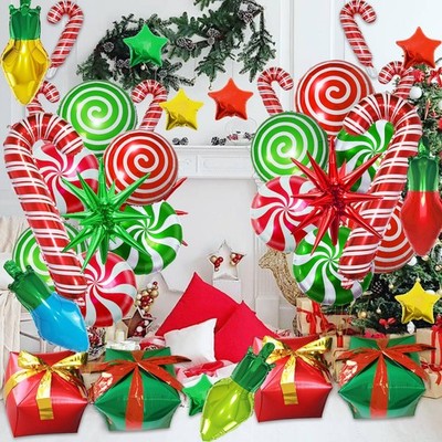 35Pcs Christmas Foil Balloons Set, Xmas Swirl Candy Cane Light Star Mylar Big...
