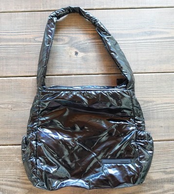 TAHARI Shoulder Bag Womens Black Glossy Quilted Puffer Tote Hobo Zip Top Pockets