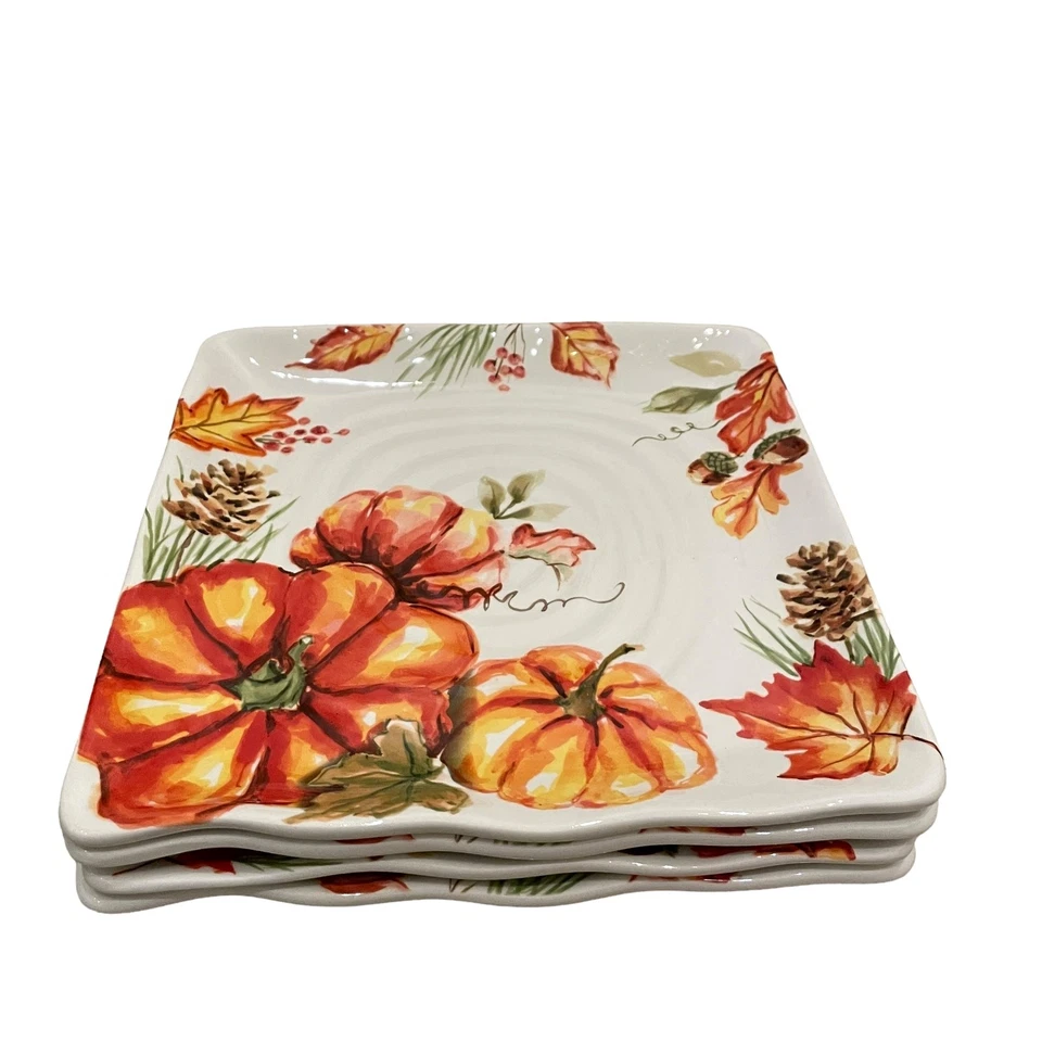 Maxcera FALL PUMPKINS Platos de Cena Cuadrados 11 pulgadas Cerámica Juego de 4 Acción de Gracias Foto 2 de 4