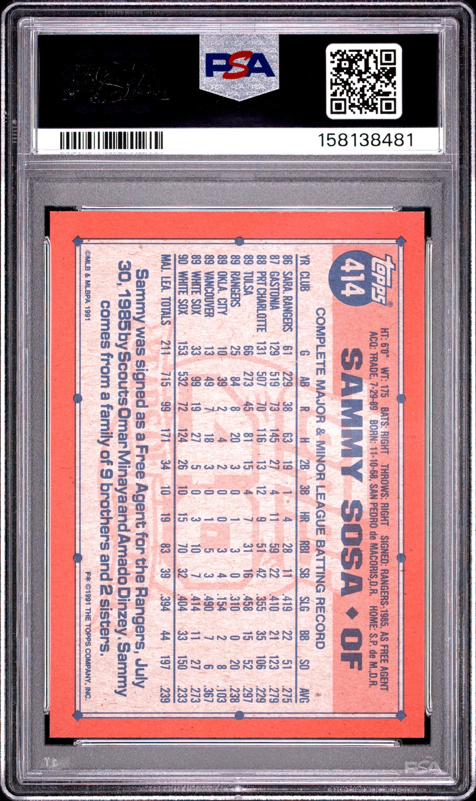 1991 TOPPS #414 SAMMY SOSA PSA 9 view 2
