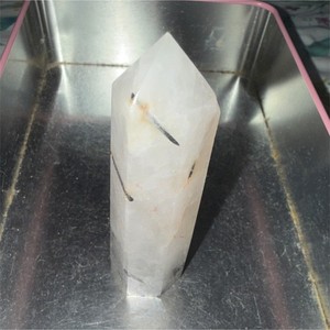 Clear Quartz Crystal Healing Point with Black Inclusions