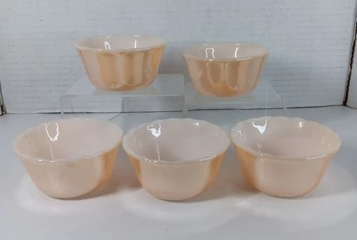 Fire King Peach Lusterware Custard Cup Ramekins Dessert Milk Glass Scalloped Vtg