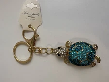 Blue Rhinestone & Gold Turtle Keychain Keyring Purse Bag Charm New
