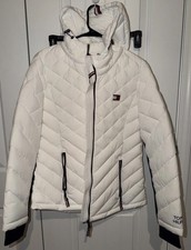 TOMMY HILFIGER Women s Size Medium White Full Zip Pocket Hooded Quilted Jacket