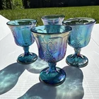 Indiana Glass Grape Harvest Iridescent Blue Glass Goblets Set of 4 Vintage