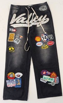 Vale Forever Sports Division Baggy Jeans Size 34 Black Patchwork Rhinestone NWT