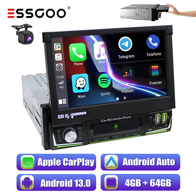 4+64G 1 DIN 7'' Flip Out Android 13 Carplay Car Stereo Radio GPS Navi WIFI FM Cam