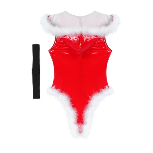 Women Mrs. Claus Costume Christmas Santa Feather Trim V Neck Crop Top Shorts Hat - Picture 26 of 37