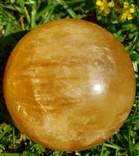 2.3" Honey Yellow Calcite Quartz Crystal Sphere Ball Orb Rainbows Star, 306g - Picture 8 of 17