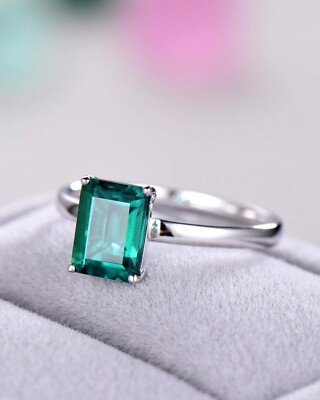 1ct Green Lab-Created Engagement Ring 4 Prong Solitaire White Gold Plated