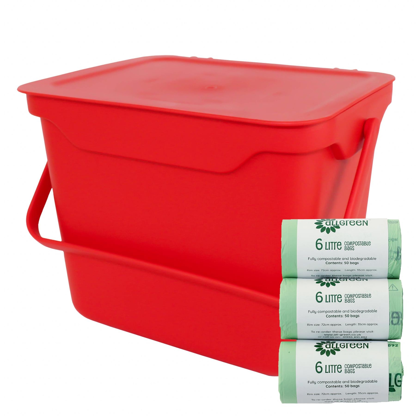 5L Red Kitchen Compost Caddy/Food Bin & 150x 6L Compostable Bags