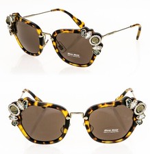 MIU MIU RUNWAY JEWEL 03S Brown Havana Gold Crystal Sparkle Sunglasses MU03SS