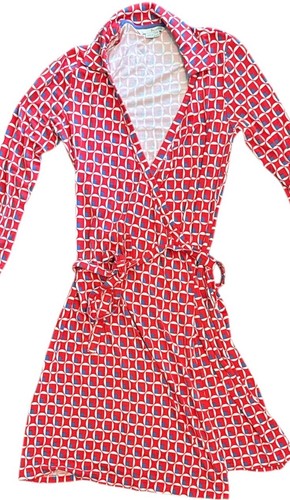 Boden Red Blue Geometric Wrap Collared Long sleeve Shirt Dress Size 6L Long - 第 3/3 張圖片