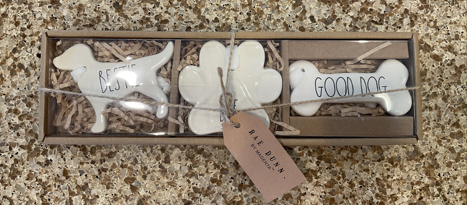 NEW 3 RAE DUNN MAGENTA DOG SHAPED ORNAMENTS BFF PAW GOOD DOG BISCUIT & BEST DOG