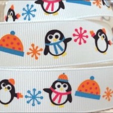 grosgrain Printed Ribbon 7/8  5 yards penguins snow Hats Scarves Winter NEW