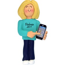 Personalized Christmas Ornament - Blonde Female with Smart Phone