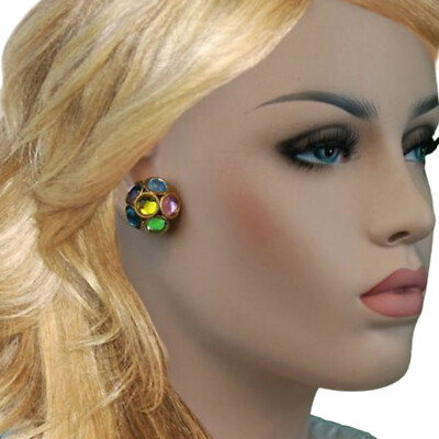 Multi Color Large Crystal Cluster Gold Tone Yellow Center Clip On Earrings 22mm