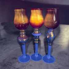 Bombay Company Romanov Ruby Gold Long Stem Cordial Glasses Cadmium UV Glow Set 3