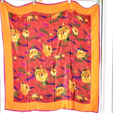 Polisil Crepe Scarf Size 34 x 35 Orange Fuchsia Border Multicolor Paisley Floral