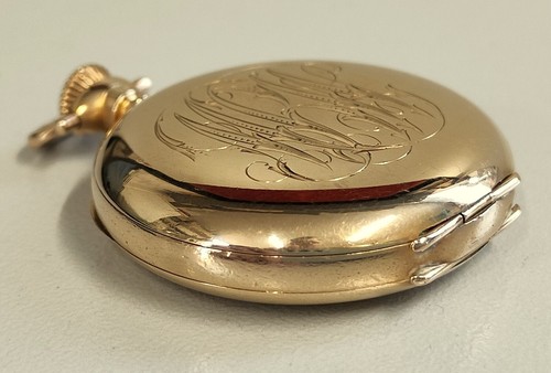 ANTICO OROLOGIO TASCA Hampden ORO 14k Gold Filled HUNTER POCKET WATCH taschino - Foto 11 di 21