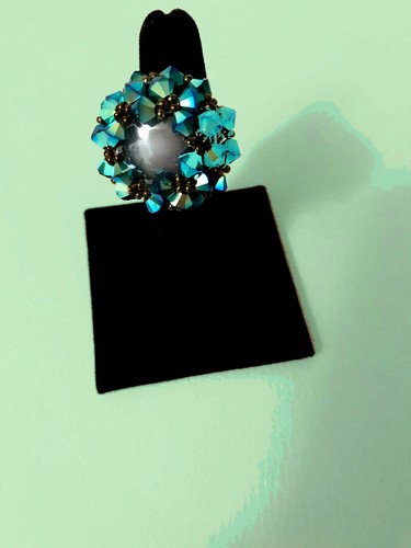 STUNNING Blue/Turquoise Crystal Beaded Cocktail Ring Adjustable Mesh Backing 7-8 - 第 1/4 張圖片