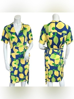 Lilly Pulitzer Blue Green Lime Lemon Citrus  Short Sleeve Silk Wrap Dress 12