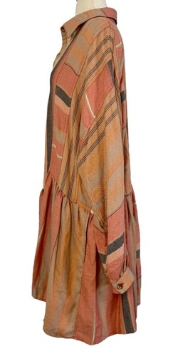 FREE PEOPLE Flannel Shirtdress Ruffled Hem Striped Sunset Peach Rose Sz L NEW - Picture 11 of 12