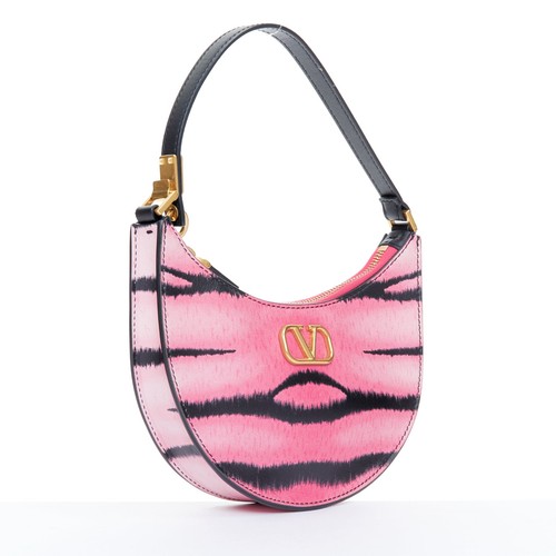 VALENTINO 2022 Tiger 1967 pink black animal print calfskin hobo moon bag