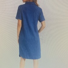 Blue Denim Collared Shirt Dress Knee Length Short Sleeve Button Pockets Women
