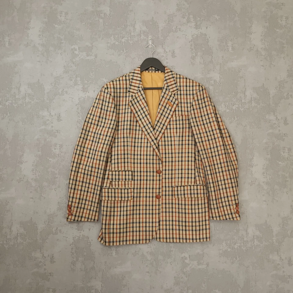 DAKS Blazer Men's Size 40R Tan Multi Check 100% Wool Leather Detail Tweed Jacket - Image 2 of 4