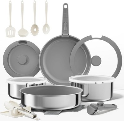 Sanho 21PC Nonstick Cookware Set, Detachable Handle, Induction Safe