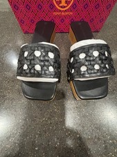 Tory Burch Basket-Weave Clog Wooden Platform Slide Sandals Black Calf Leather 8