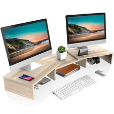 Dual Monitor Stand – 3 Shelf Computer Monitor Riser, Wood Desktop Stand with ...