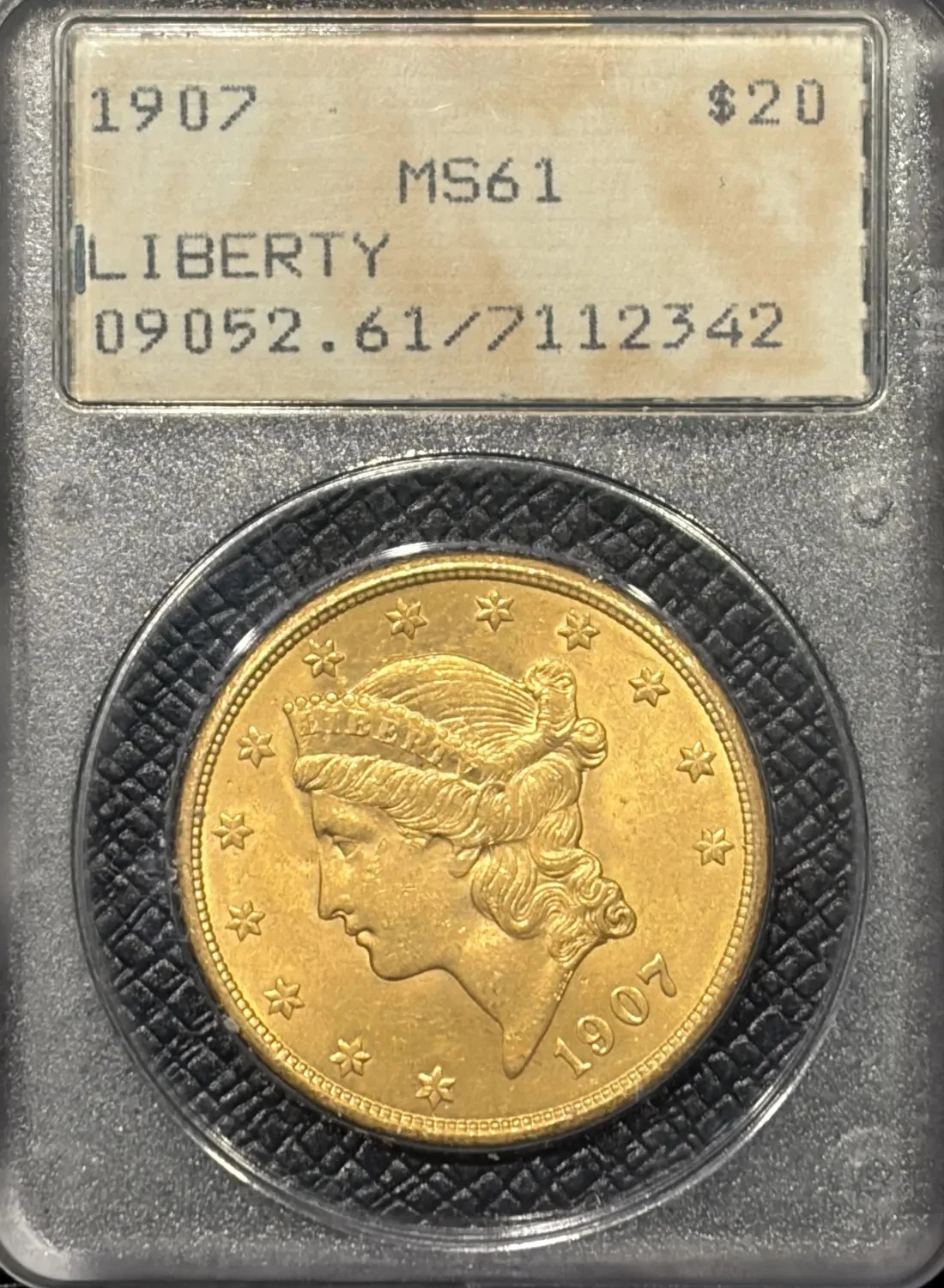 1907 $20 GOLD LIBERTY DOUBLE EAGLE PCGS MS61 RATTLER OGH
