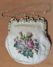 Antique Coin Purse Floral Mesh Fabric Enamel Rhinestone Gold Tone Closure Chain