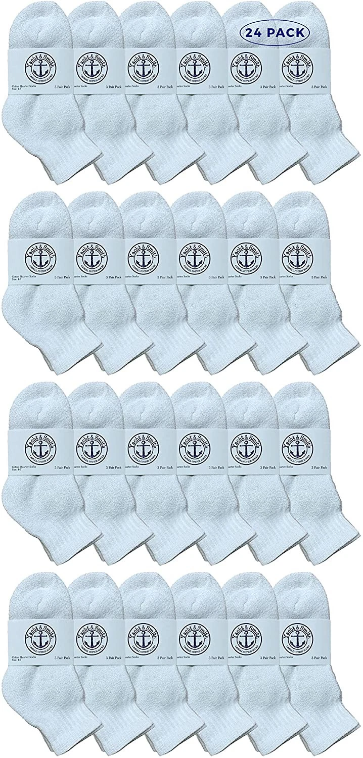 24 PK of Kids Cotton Quarter Ankle Socks In White Size 4-6 - Boys Ankle Sock