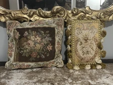 Lot of 2 Assorted X-small Antique French Aubusson Tapestry Pillows Tasseled Edge