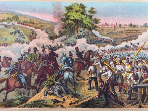 Chromolithograph from 1888. The Saxons at the Battle of Königgrätz on the 3rd Jul